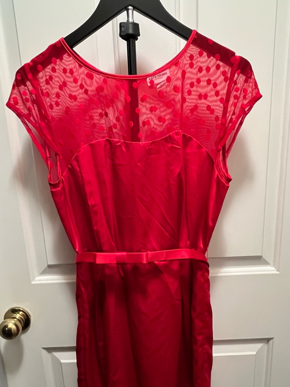 Sheer Polka-Dot Yoke Midi Dress in Red